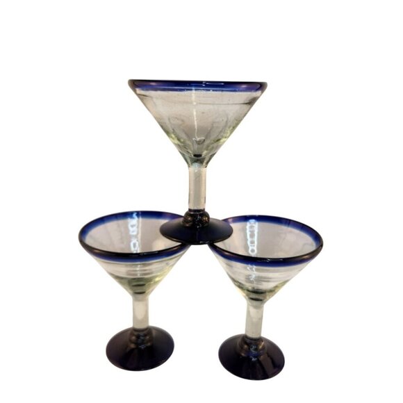 Retro MEXICO Hand Blown Cobalt Rim & Foot 12oz Stemmed MARTINI GLASSES Set of 4 - Picture 6 of 10